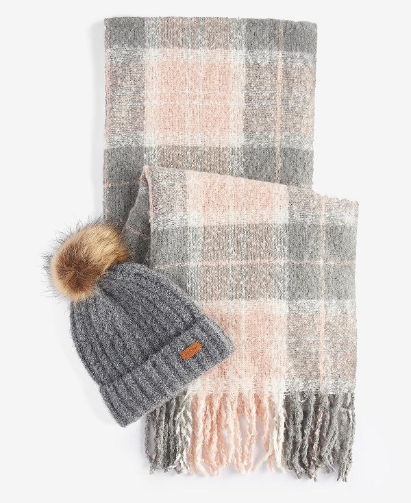 Barbour Saltburn Beanie & Tartan Scarf Gift Set Grey Rose | BABO90023