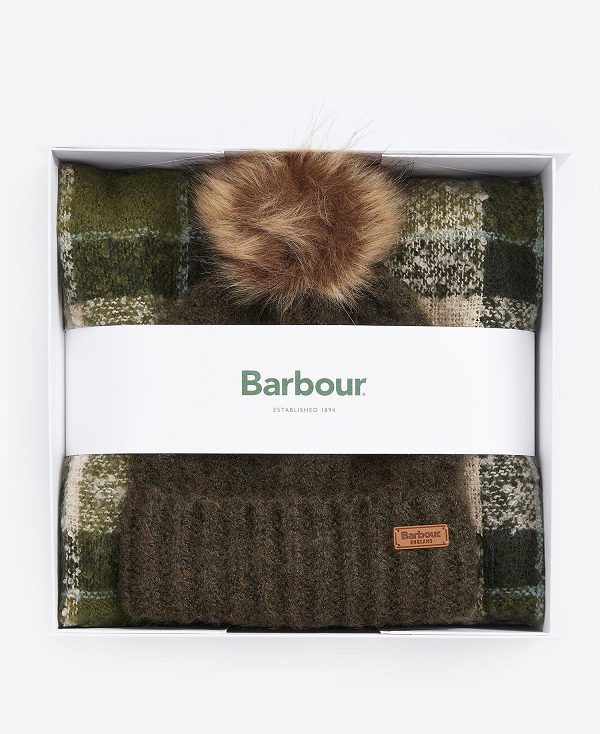 Barbour Saltburn Beanie & Tartan Scarf Gift Set Ancient Loden | BABO90028