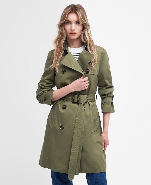 Barbour Short Greta Showerproof Trench Coat Burnt Olive/Ancient Poplar | BABO89379