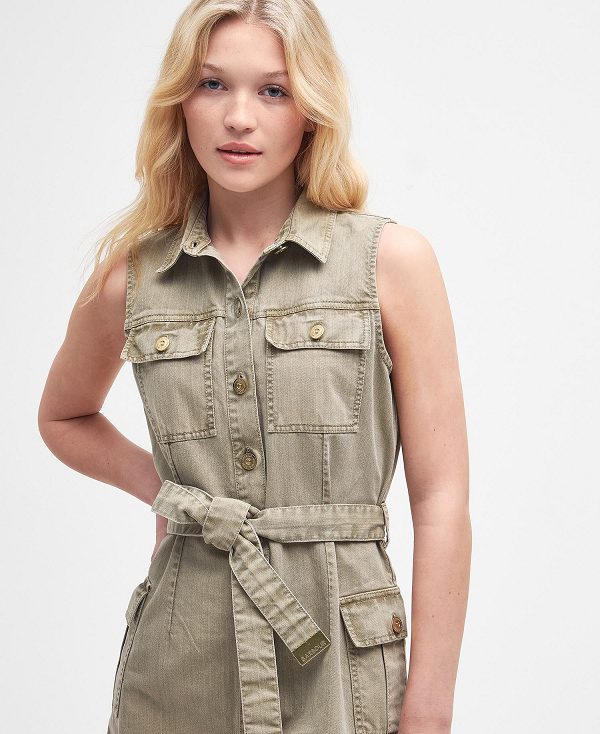 Barbour Tamsin Denim Mini Dress Washed Khaki | BABO89623