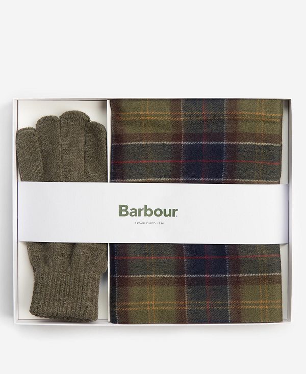 Barbour Tartan Scarf & Glove Gift Set Classic Black Slate Tartan | BABO89115