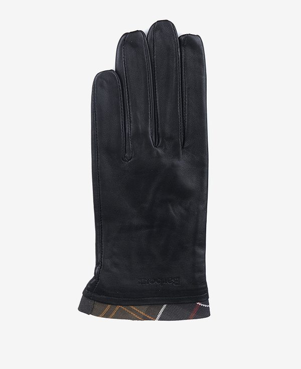 Barbour Tartan Trimmed Leather Gloves Black/Classic | BABO90059