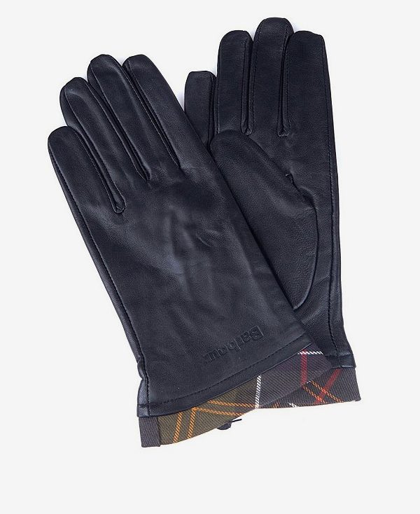 Barbour Tartan Trimmed Leather Gloves Black/Classic | BABO90059