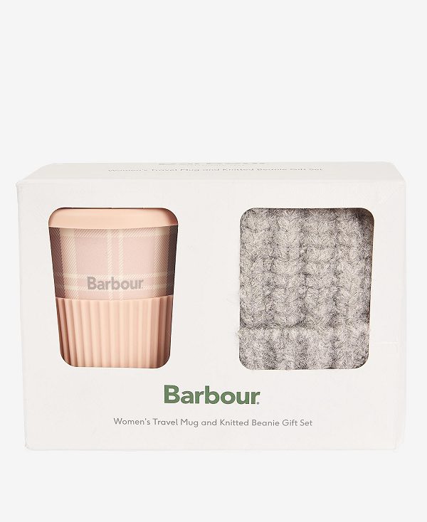 Barbour Travel Mug And Beanie Set Pink/Grey | BABO90052