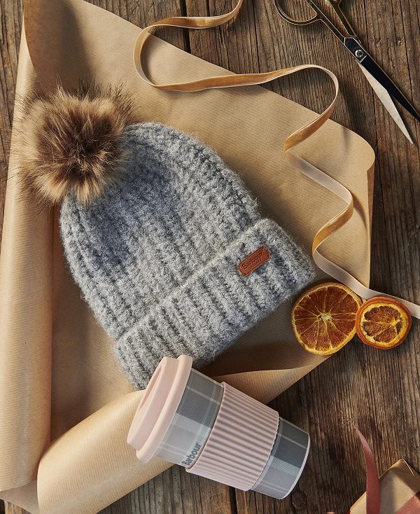 Barbour Travel Mug And Beanie Set Pink/Grey | BABO90052